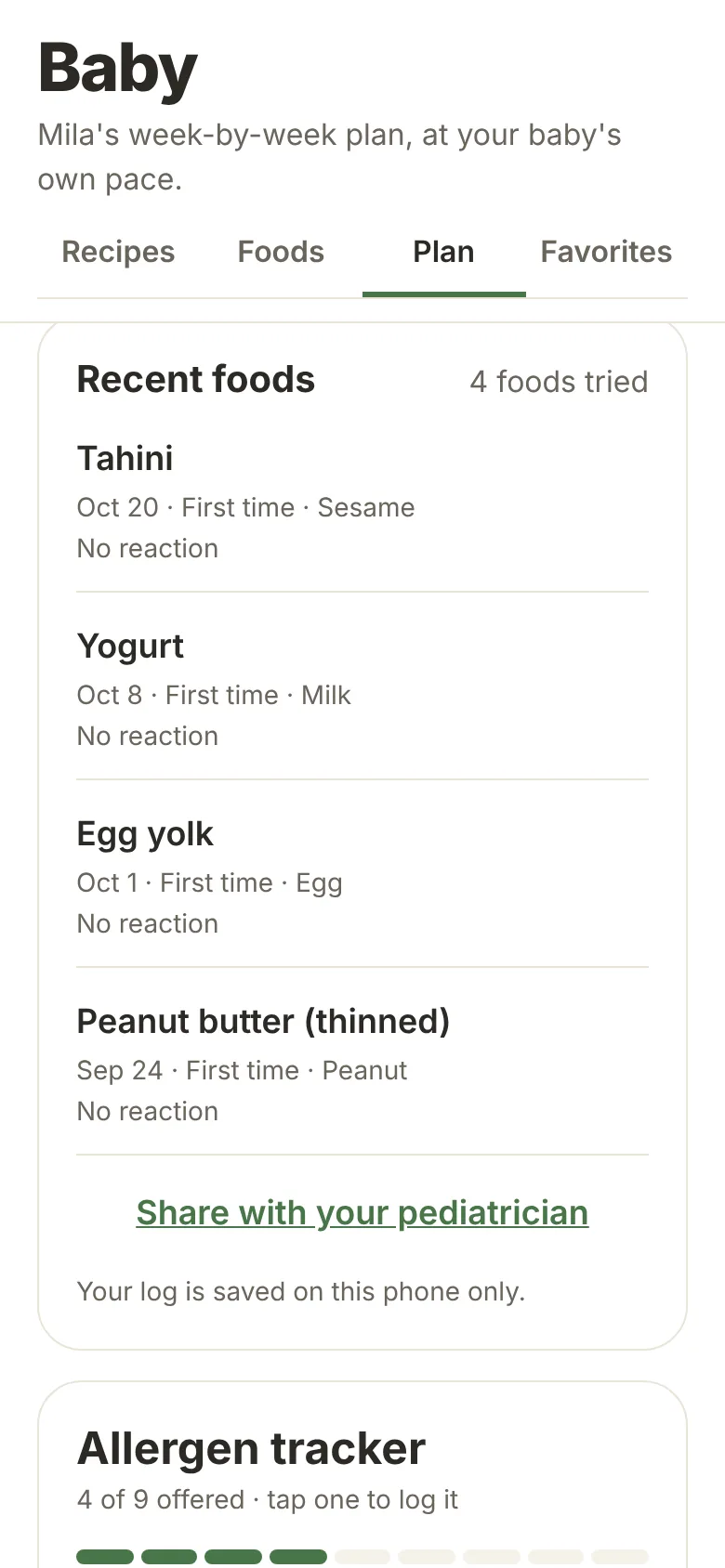 The food log with a Share with your pediatrician button
